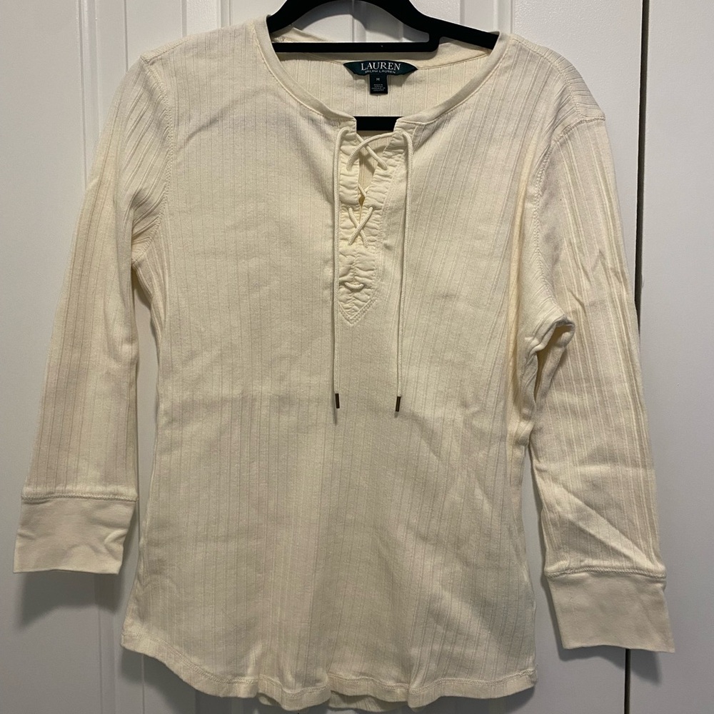 Vintage Ralph Lauren Cream Long Sleeve Lace-Up Ribbed Tee